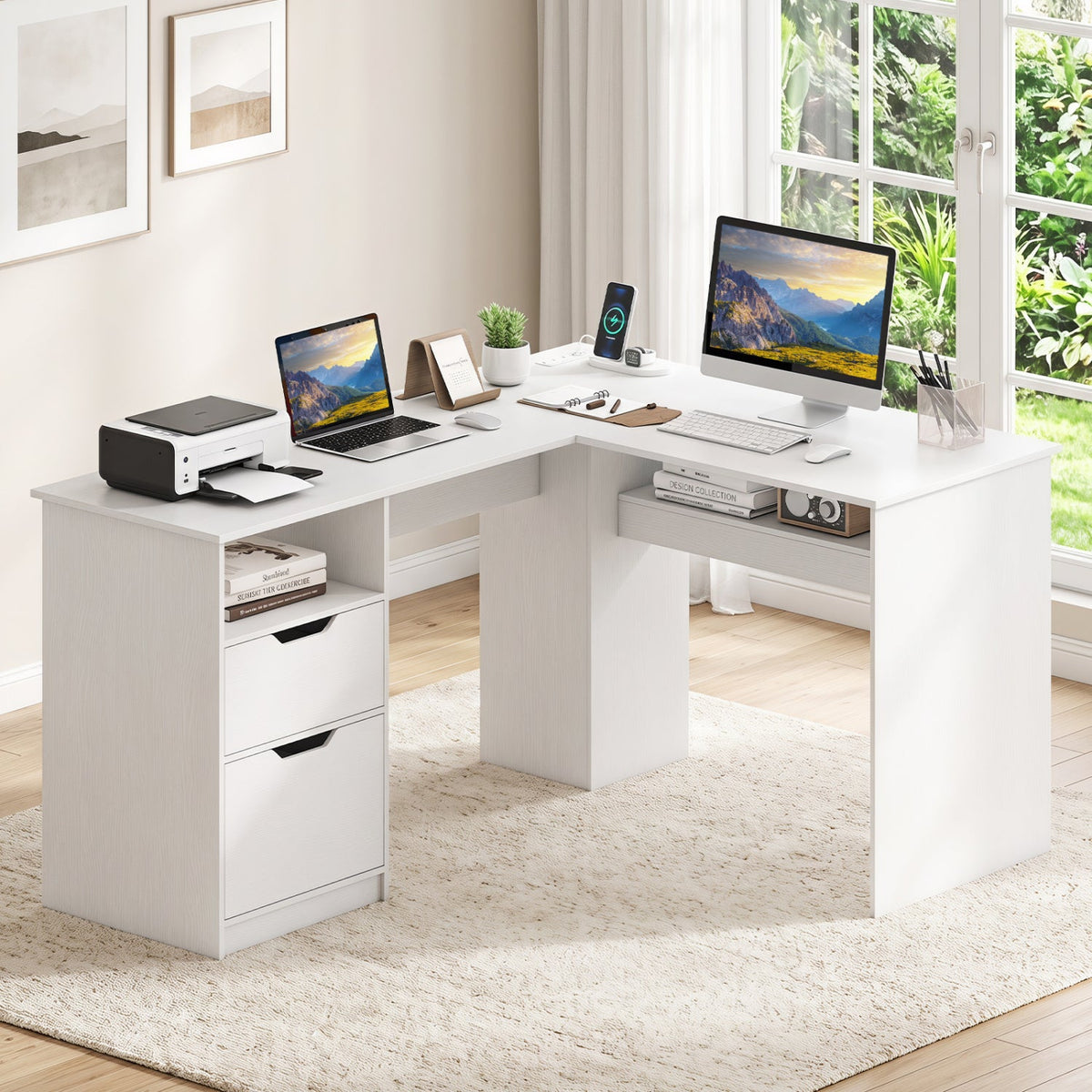 L-Shaped Computer Desk with Letter File Drawer