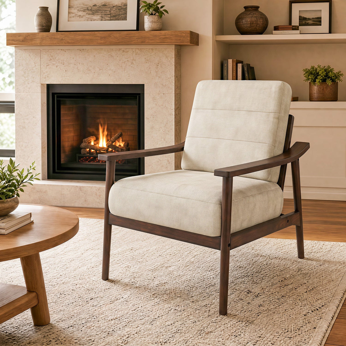 Modern Accent Chair with Rubber Wood Armrests and Legs for Living Room