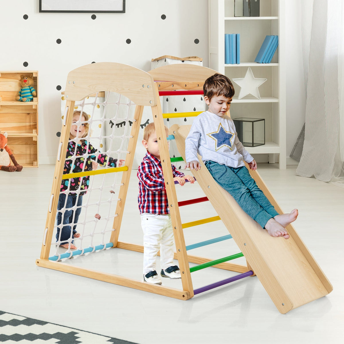 Parque Infantil de Madera 6 en 1 con Rampa de Doble Cara y Barras de Mono
