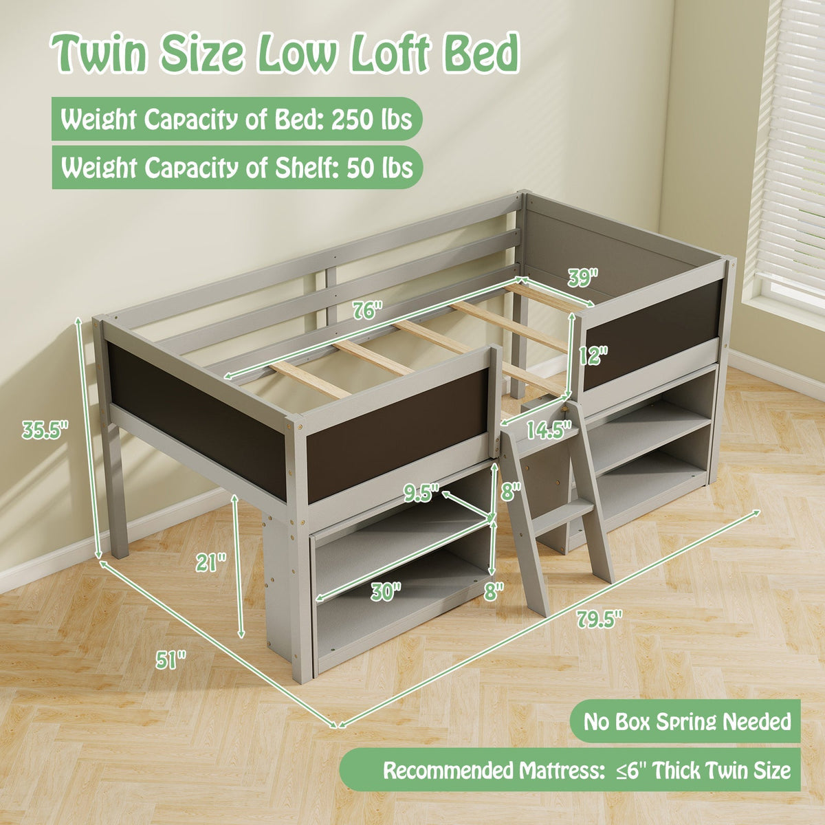 Cama semialta individual para niños con rampa de pizarra, escalera y estanterías