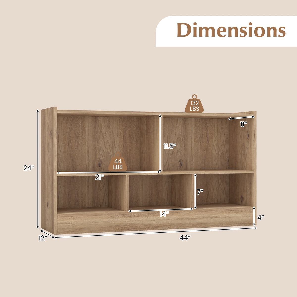 Kids 2-Shelf Bookcase 5-Cube Wood Toy Storage Cabinet Organizer-Natural