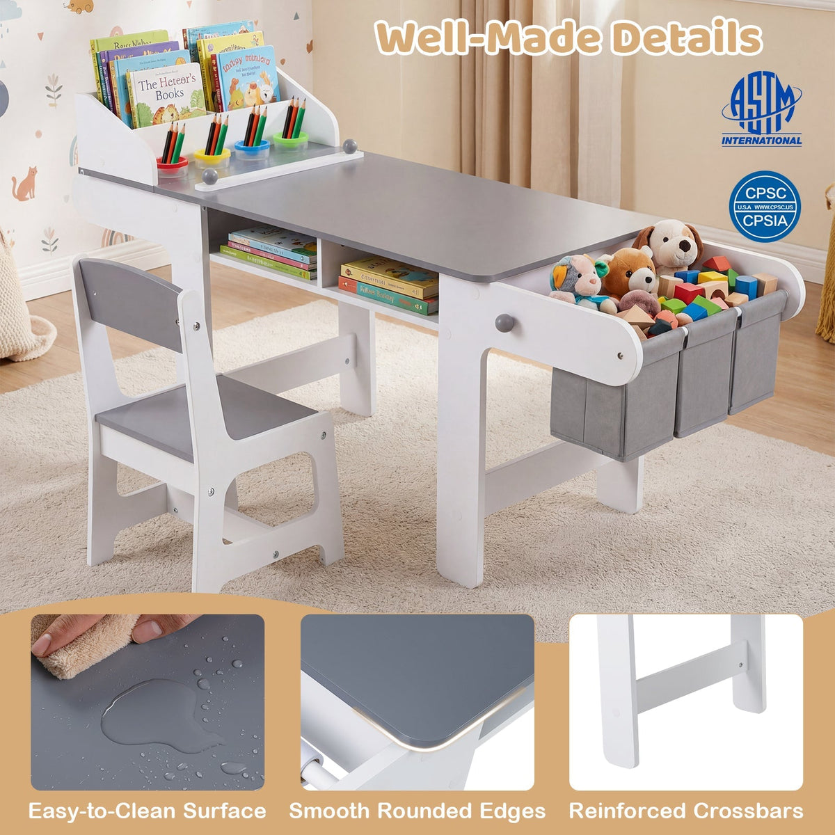 Kids Art Table and Chair with Paper Roll and Fabric Bins for Drawing Reading Studying Playing-Gray