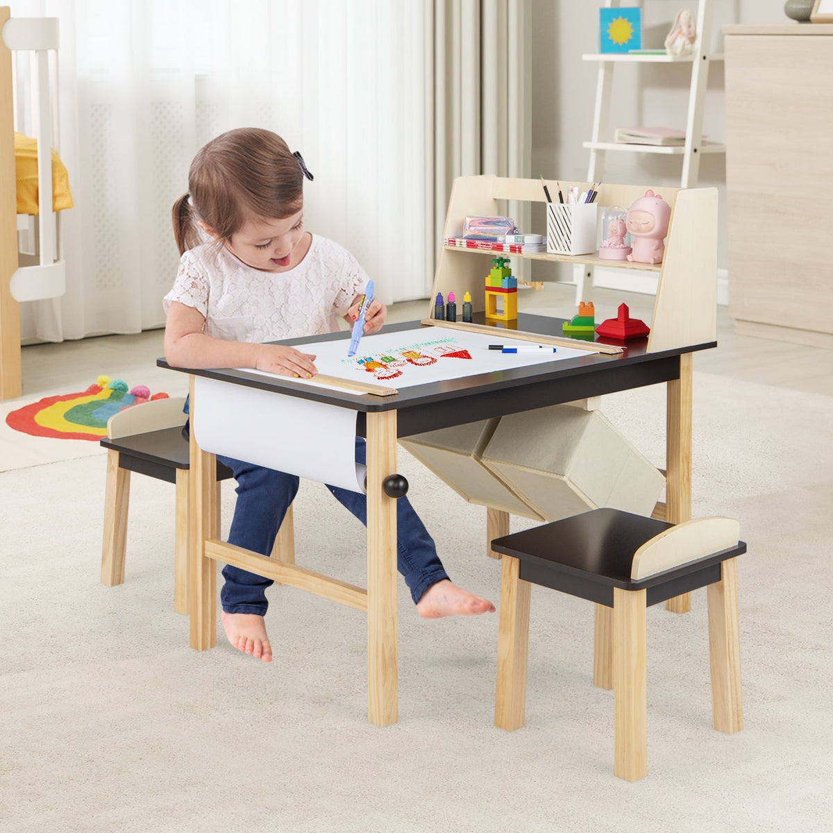 Mesa y Sillas de Arte para Niños con Rollo de Papel y Cestas de Almacenamiento - Café
