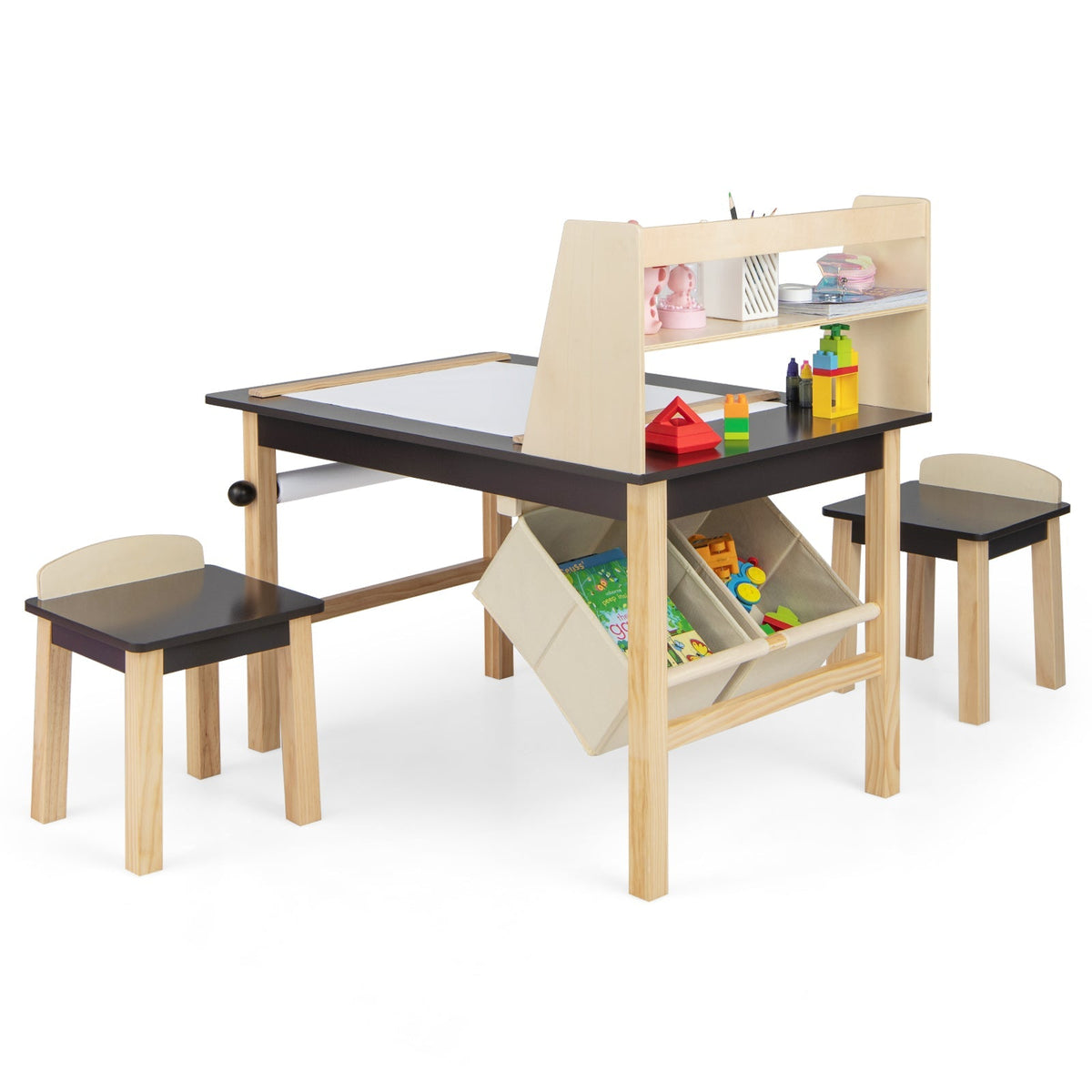 Mesa y Sillas de Arte para Niños con Rollo de Papel y Cestas de Almacenamiento - Café