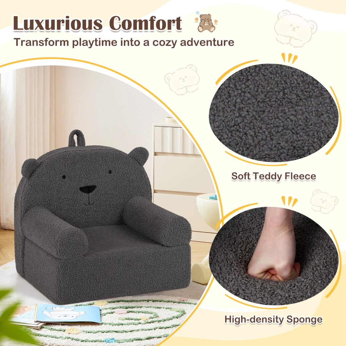 Kids Bear Sofa Toddler Foam Couch with Soft Fleece Fabric Cover