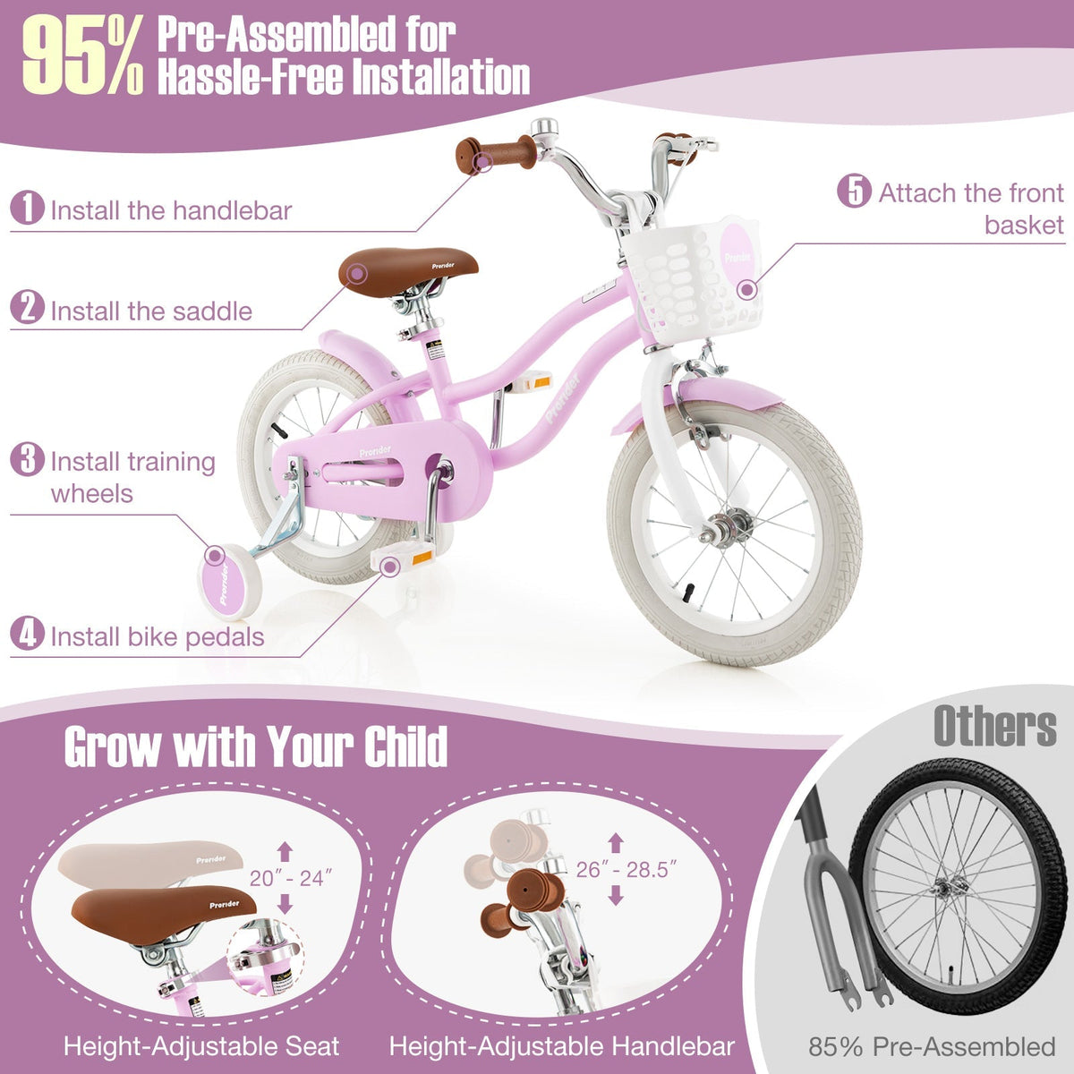 Bicicleta infantil de 14 pulgadas con ruedas de entrenamiento extraíbles y cesta - Morado