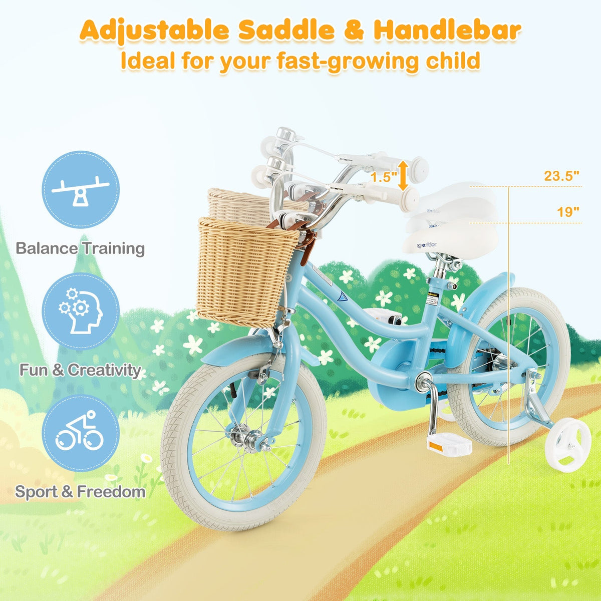 14-Inch Kids Bike with Training Wheels and Adjustable Handlebar Seat