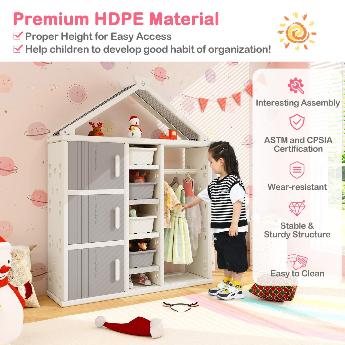 Kids Costume Storage Closet with Storage Bins and Shelves and Side Baskets for Kids Room