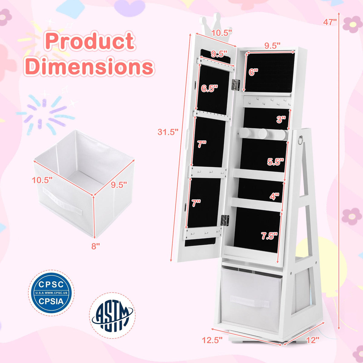 Kids Jewelry Armoire Cabinet with Large Storage Capacity and Swivel Base-White