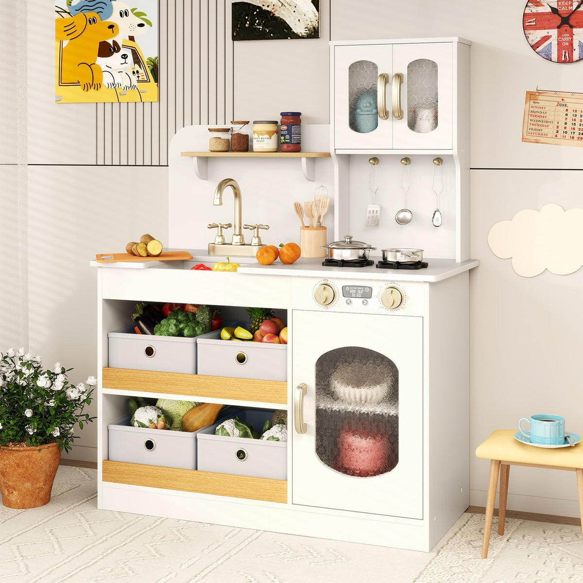 Juego de cocina de juguete para niños con accesorios de cocina y verduras de juguete para cortar - Blanco