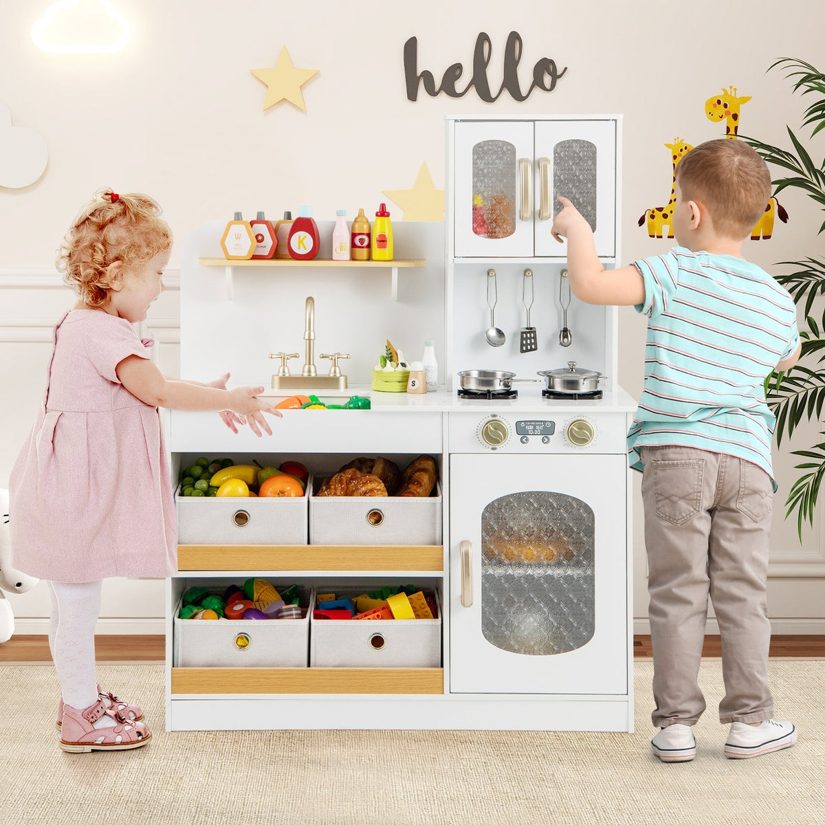 Juego de cocina de juguete para niños con accesorios de cocina y verduras de juguete para cortar - Blanco