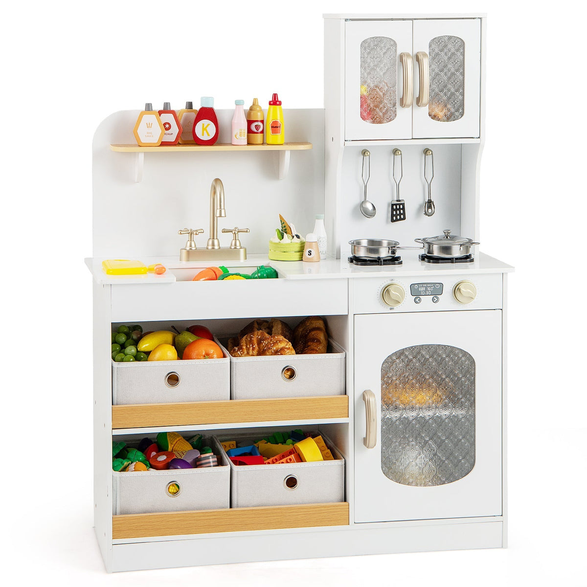 Juego de cocina de juguete para niños con accesorios de cocina y verduras de juguete para cortar - Blanco