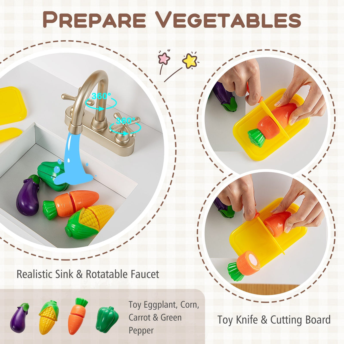 Juego de cocina de juguete para niños con accesorios de cocina y verduras de juguete para cortar - Blanco