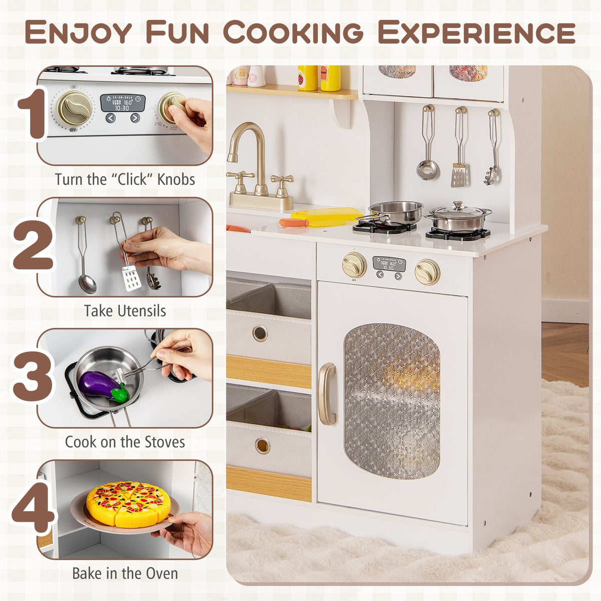Juego de cocina de juguete para niños con accesorios de cocina y verduras de juguete para cortar - Blanco