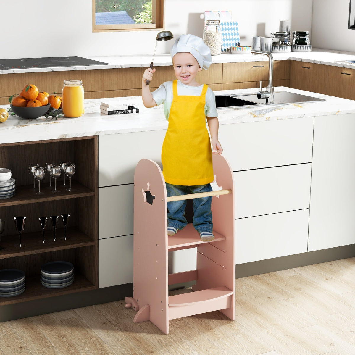 Kids Kitchen Tower Adjustable with Chalkboard and Safety Rail