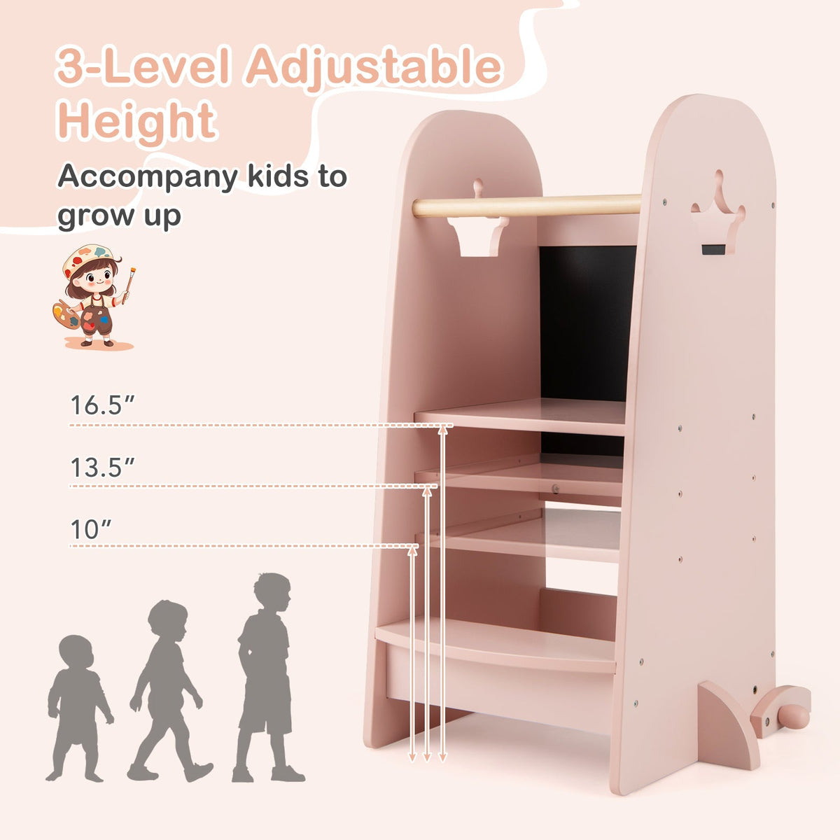 Kids Kitchen Tower Adjustable with Chalkboard and Safety Rail