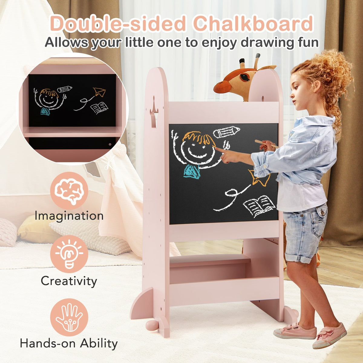 Kids Kitchen Tower Adjustable with Chalkboard and Safety Rail