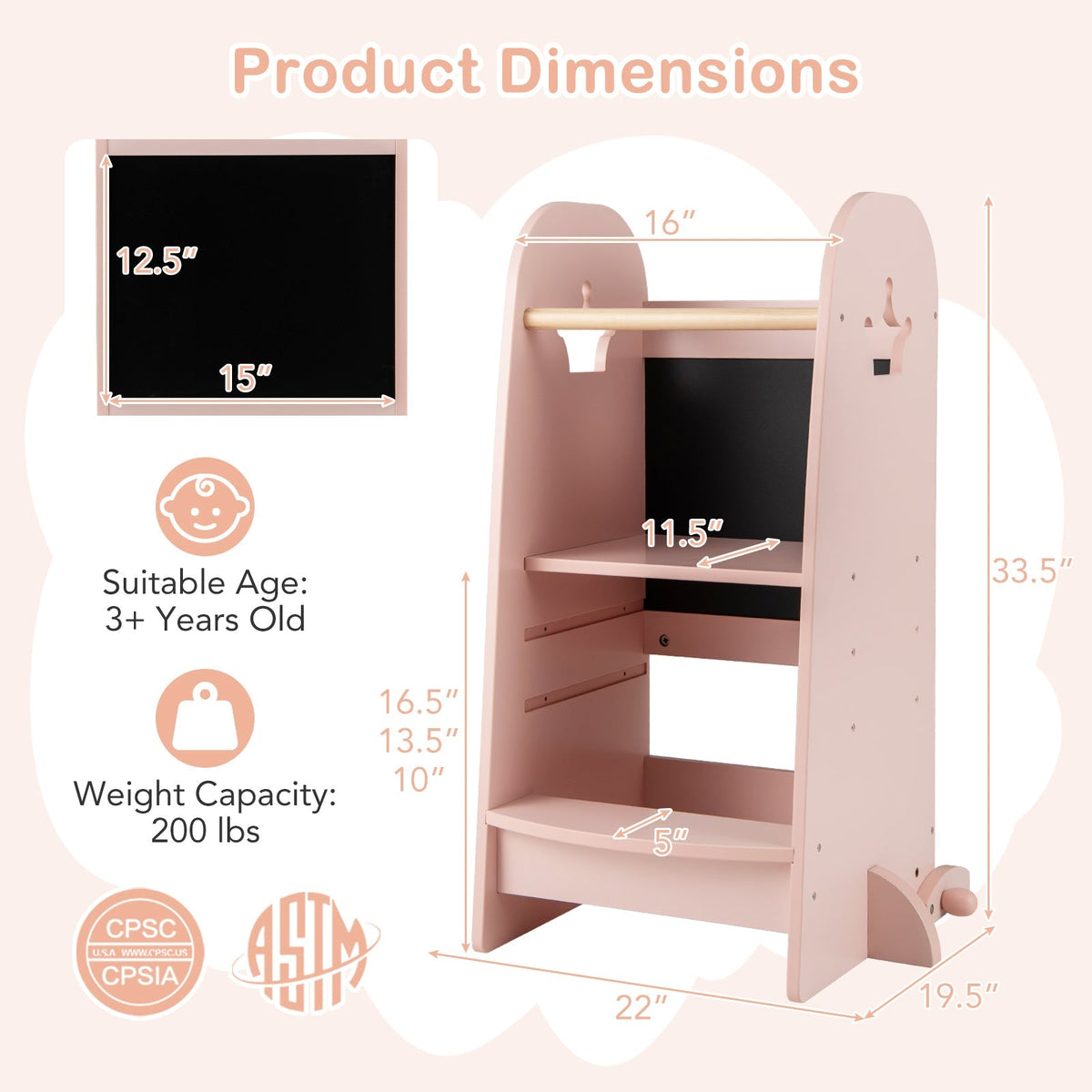 Kids Kitchen Tower Adjustable with Chalkboard and Safety Rail