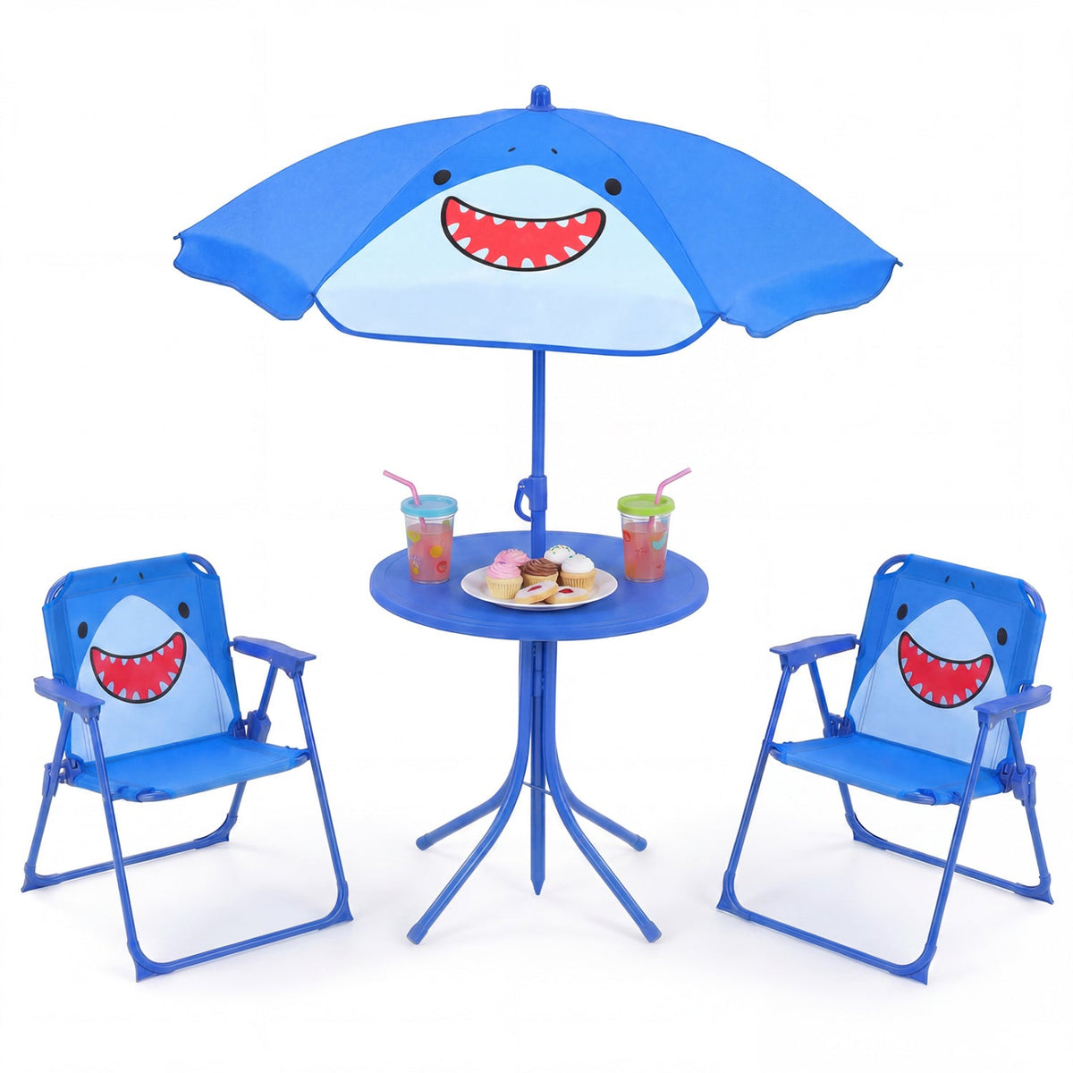 Kids Outdoor Table and Chair Set with 2 Folding Chairs and Height Adjustable Umbrella