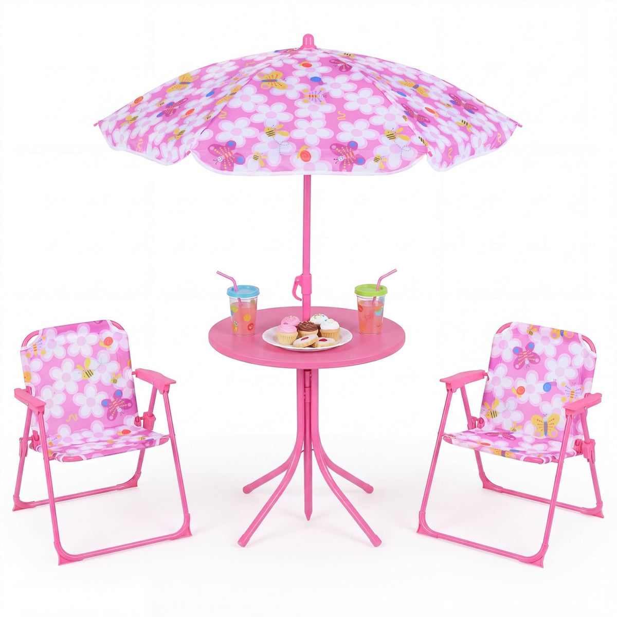 Kids Outdoor Table and Chair Set with 2 Folding Chairs and Height Adjustable Umbrella