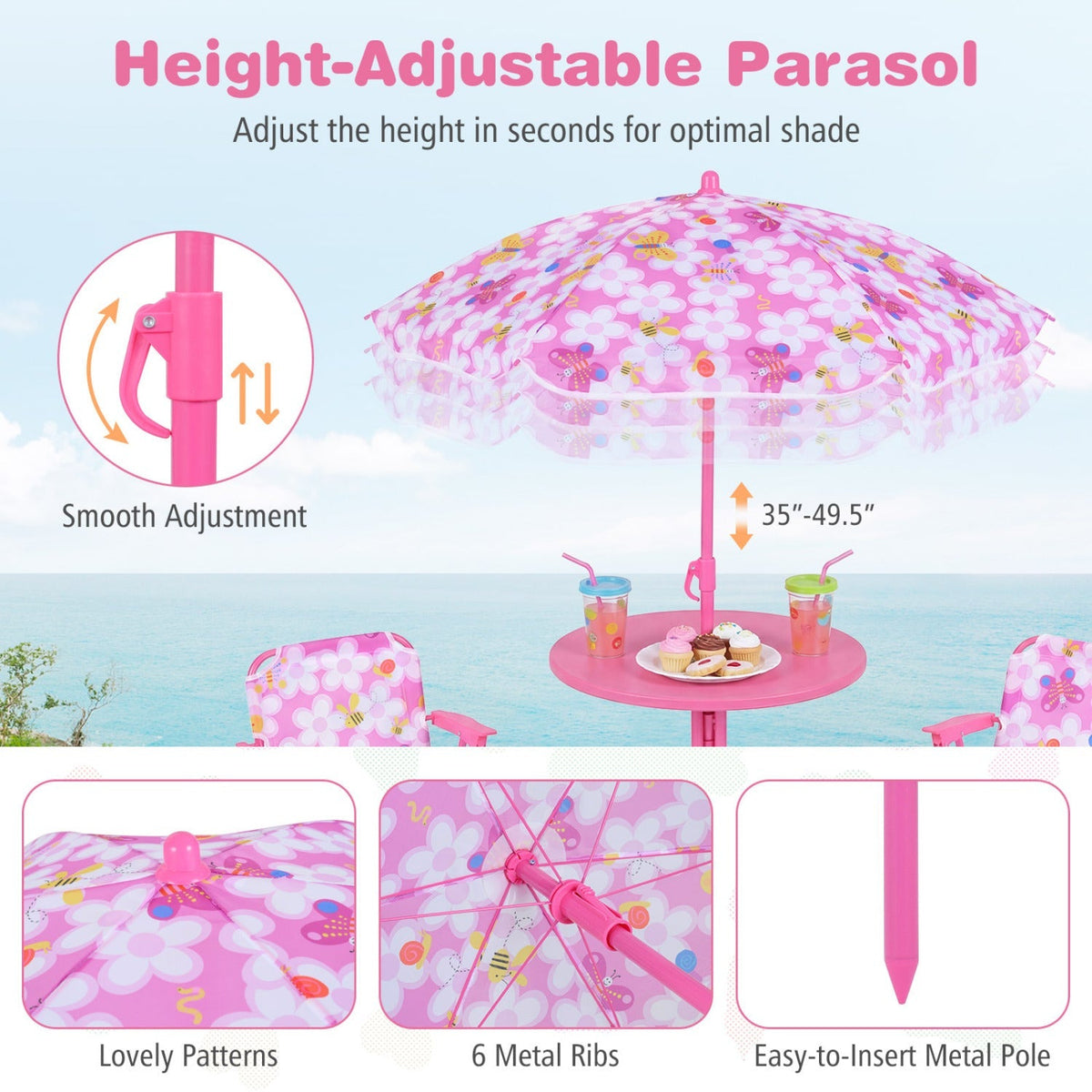 Kids Outdoor Table and Chair Set with 2 Folding Chairs and Height Adjustable Umbrella