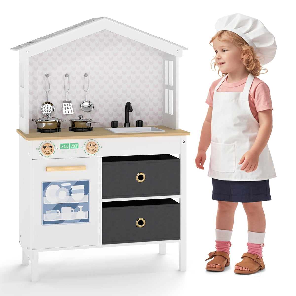 Kids Play Kitchen Children Toy Kitchen Playset with 2 Stoves and Rotation Knobs