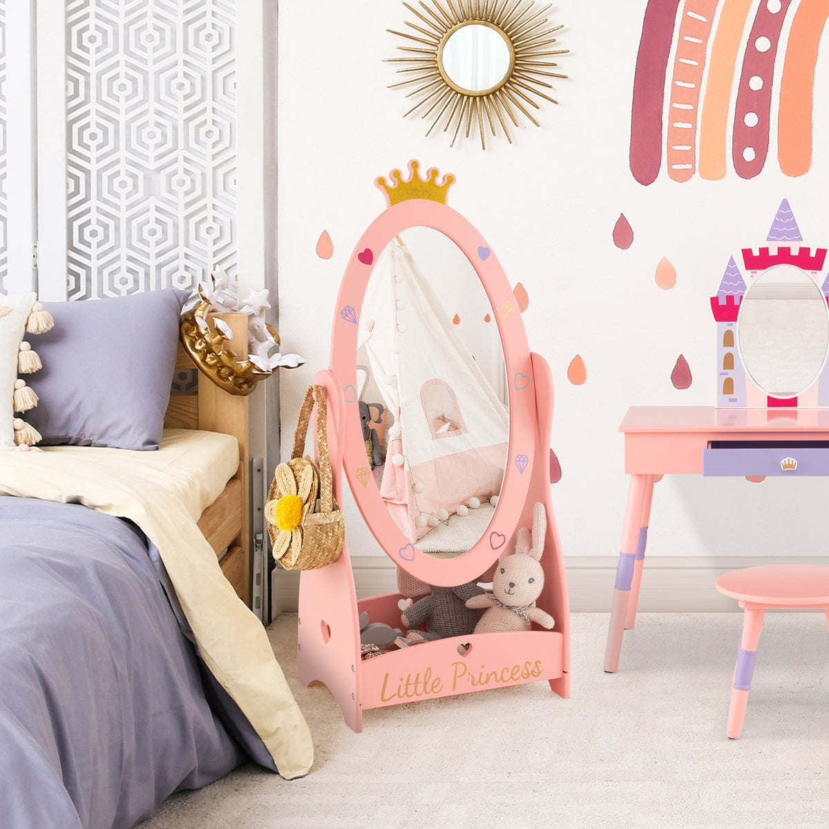 Espejo de cuerpo entero para niños con diseño giratorio de 360 grados y estante - Rosa