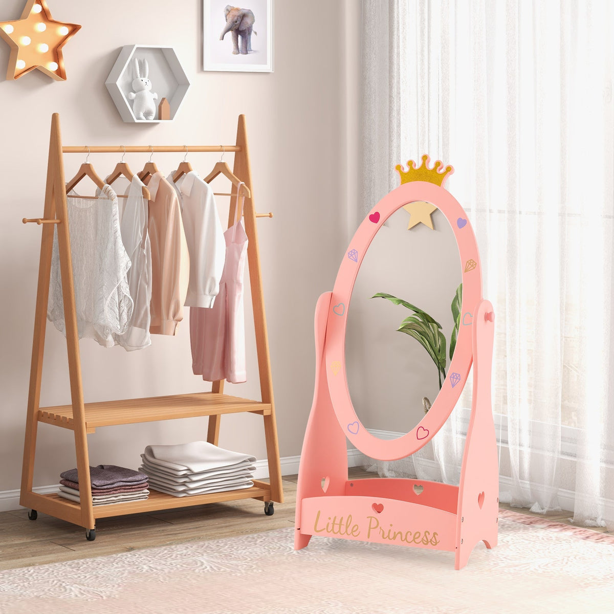 Espejo de cuerpo entero para niños con diseño giratorio de 360 grados y estante - Rosa
