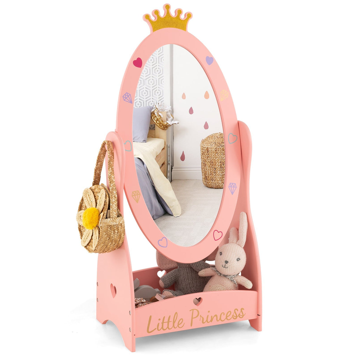 Espejo de cuerpo entero para niños con diseño giratorio de 360 grados y estante - Rosa