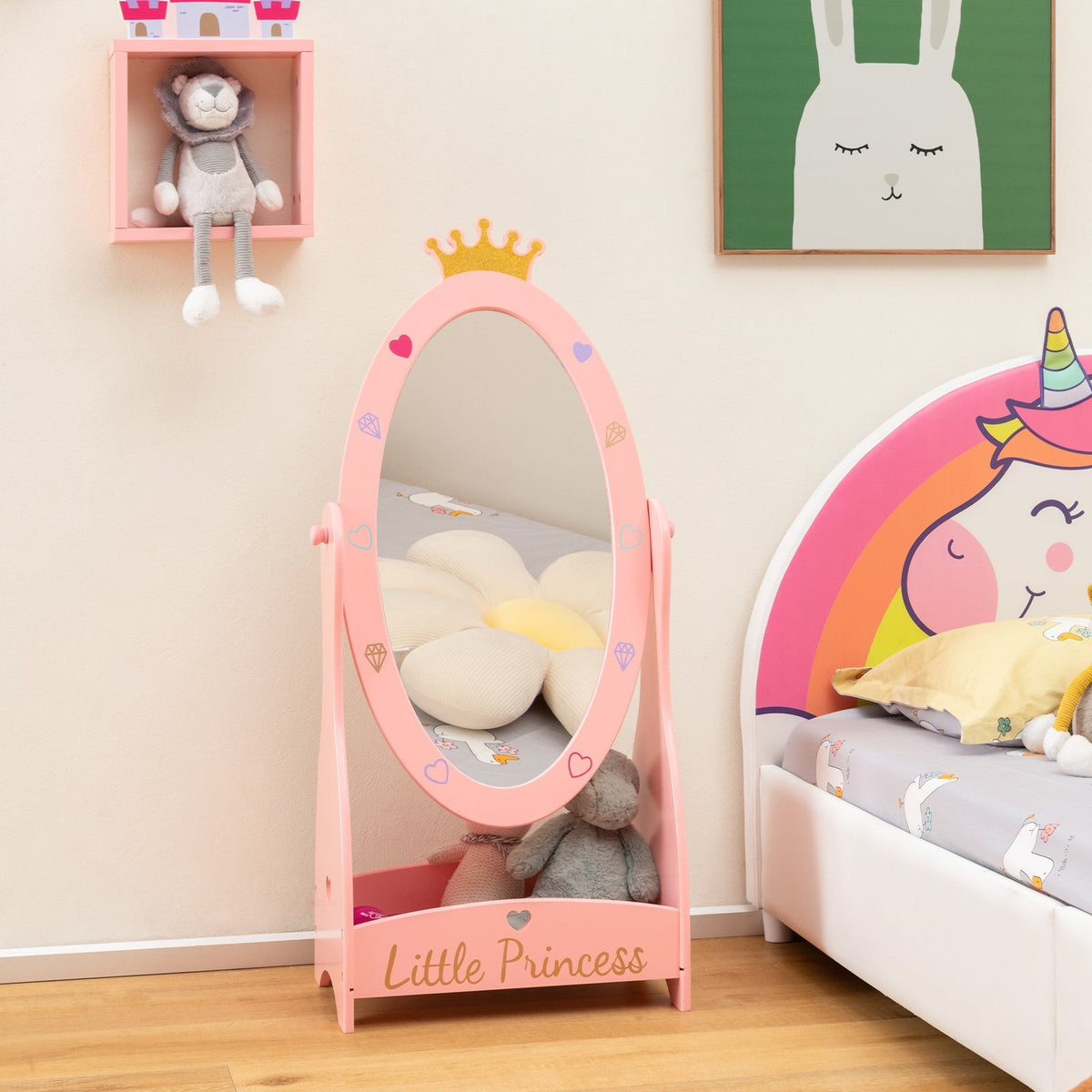 Espejo de cuerpo entero para niños con diseño giratorio de 360 grados y estante - Rosa