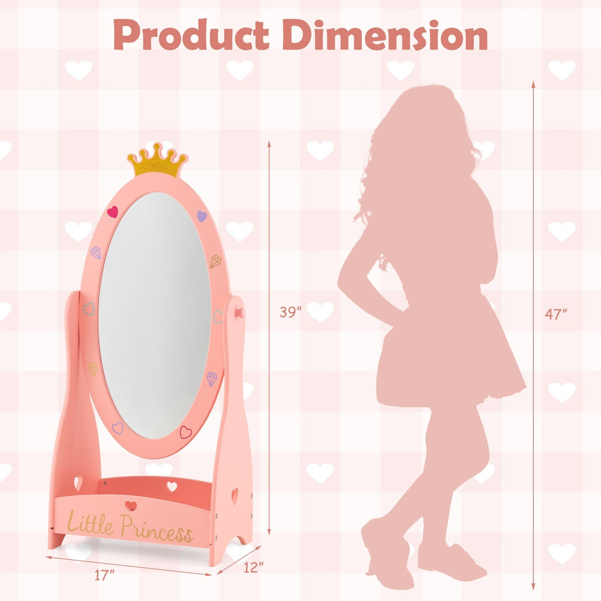 Espejo de cuerpo entero para niños con diseño giratorio de 360 grados y estante - Rosa