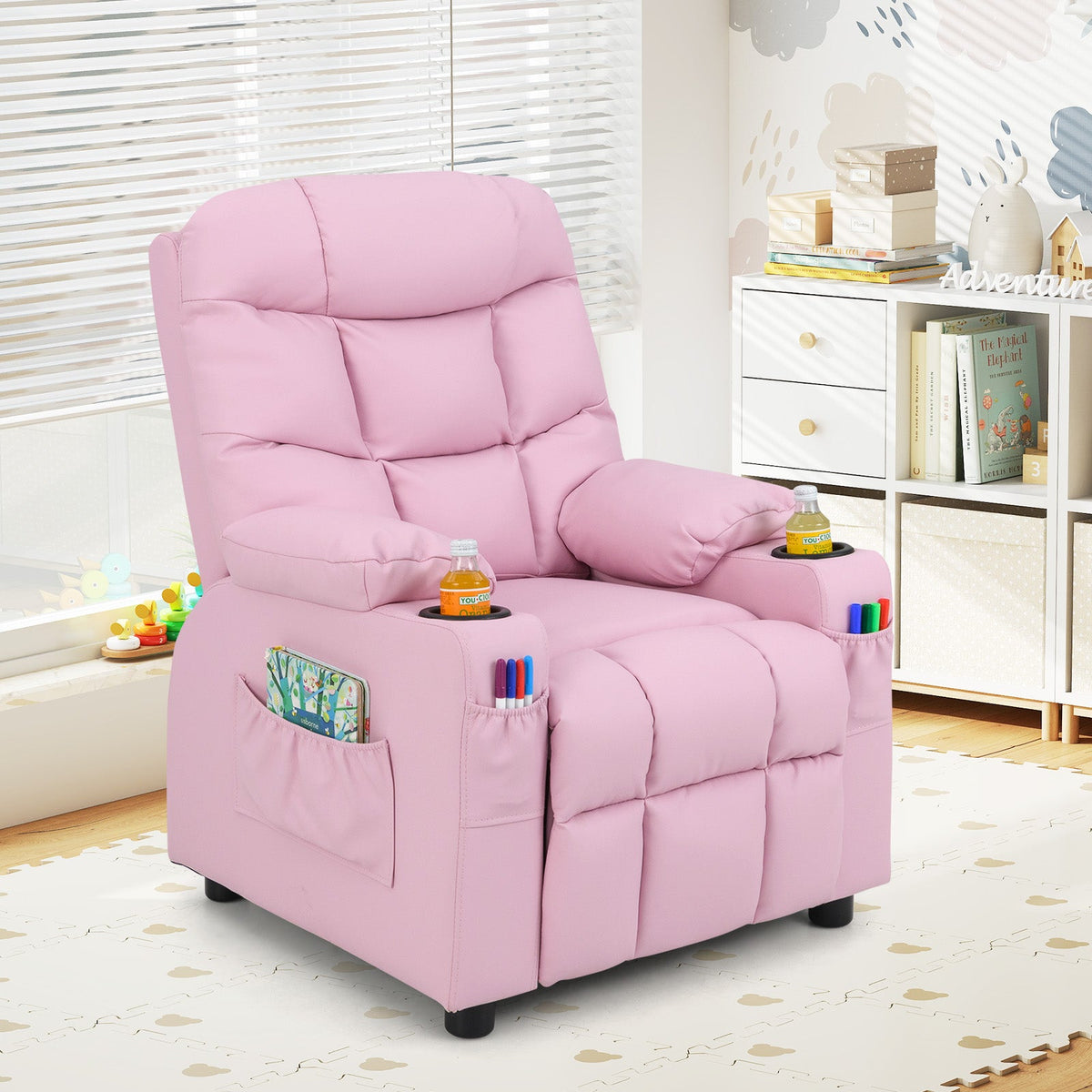Kids Recliner Chair with Cup Holder and Footrest for Children-Light Pink