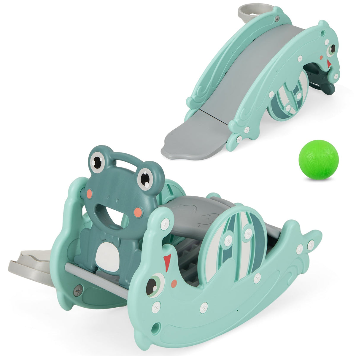 3-in-1 Kids Slide Rocking Horse Set Convertible Toddler Slide with Basketball Hoop-Green