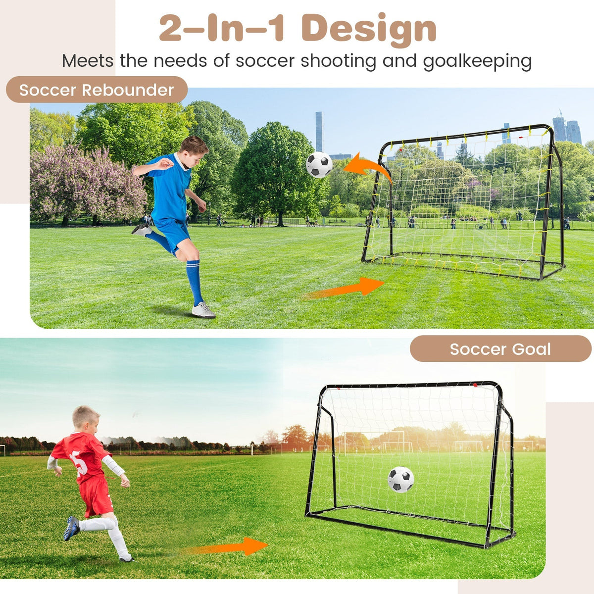 Rebotador de fútbol 2 en 1 para niños y portería de fútbol con altura ajustable