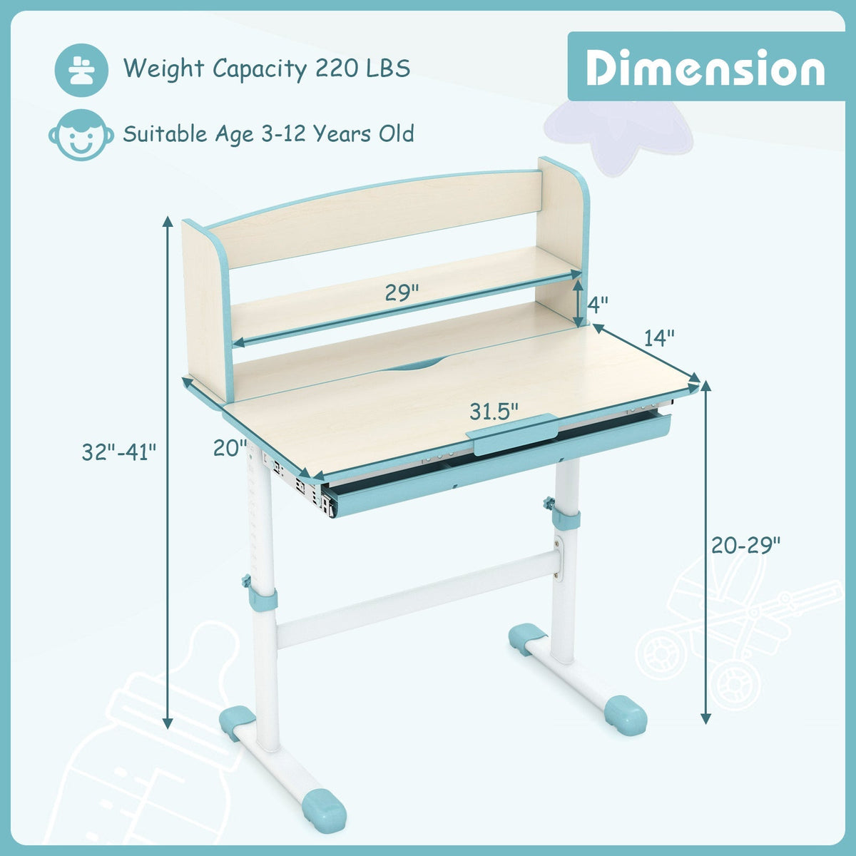 Height Adjustable Kids Study Desk with Tilt Desktop