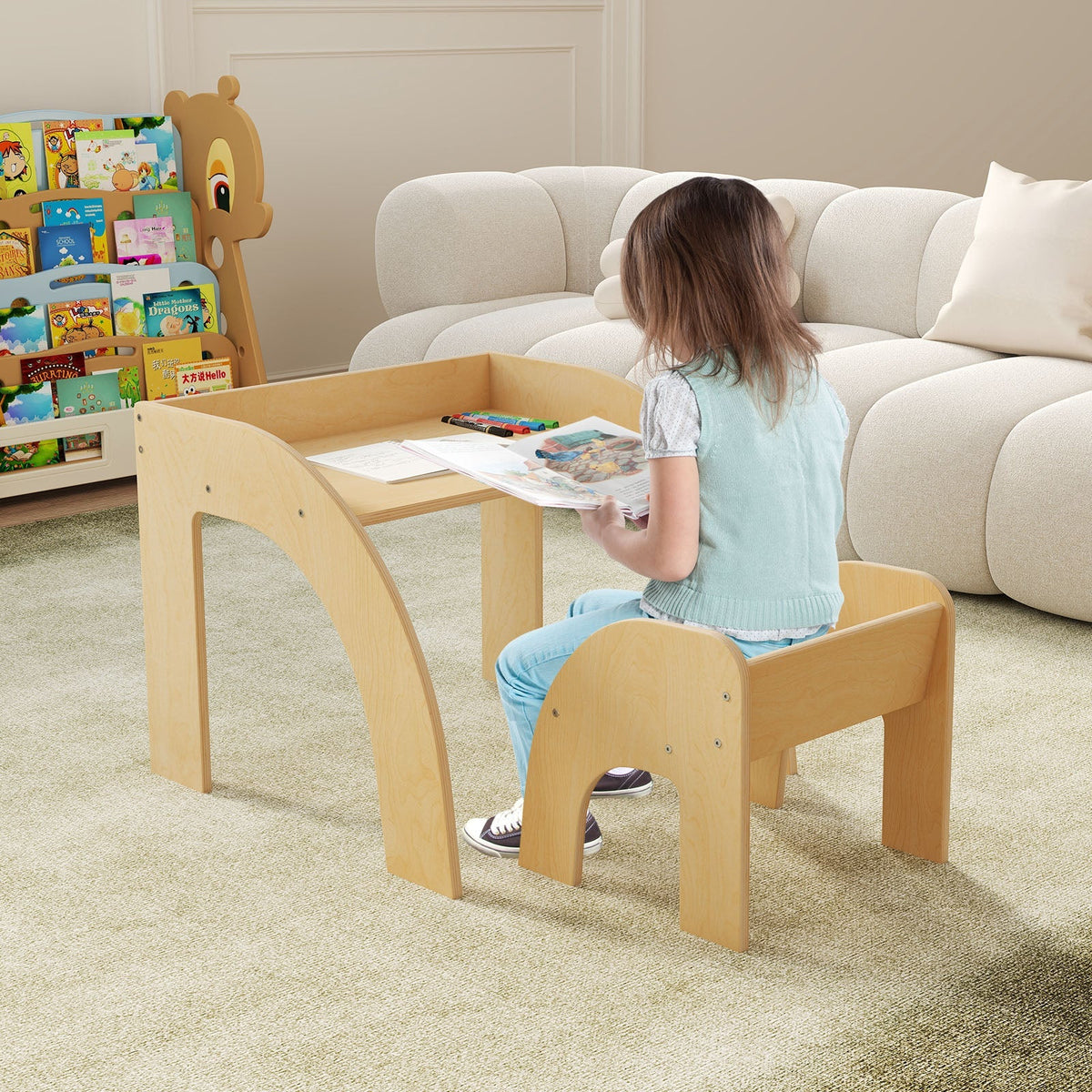 Juego de mesa y sillas para niños con tablero ancho y bordes curvados para la habitación infantil