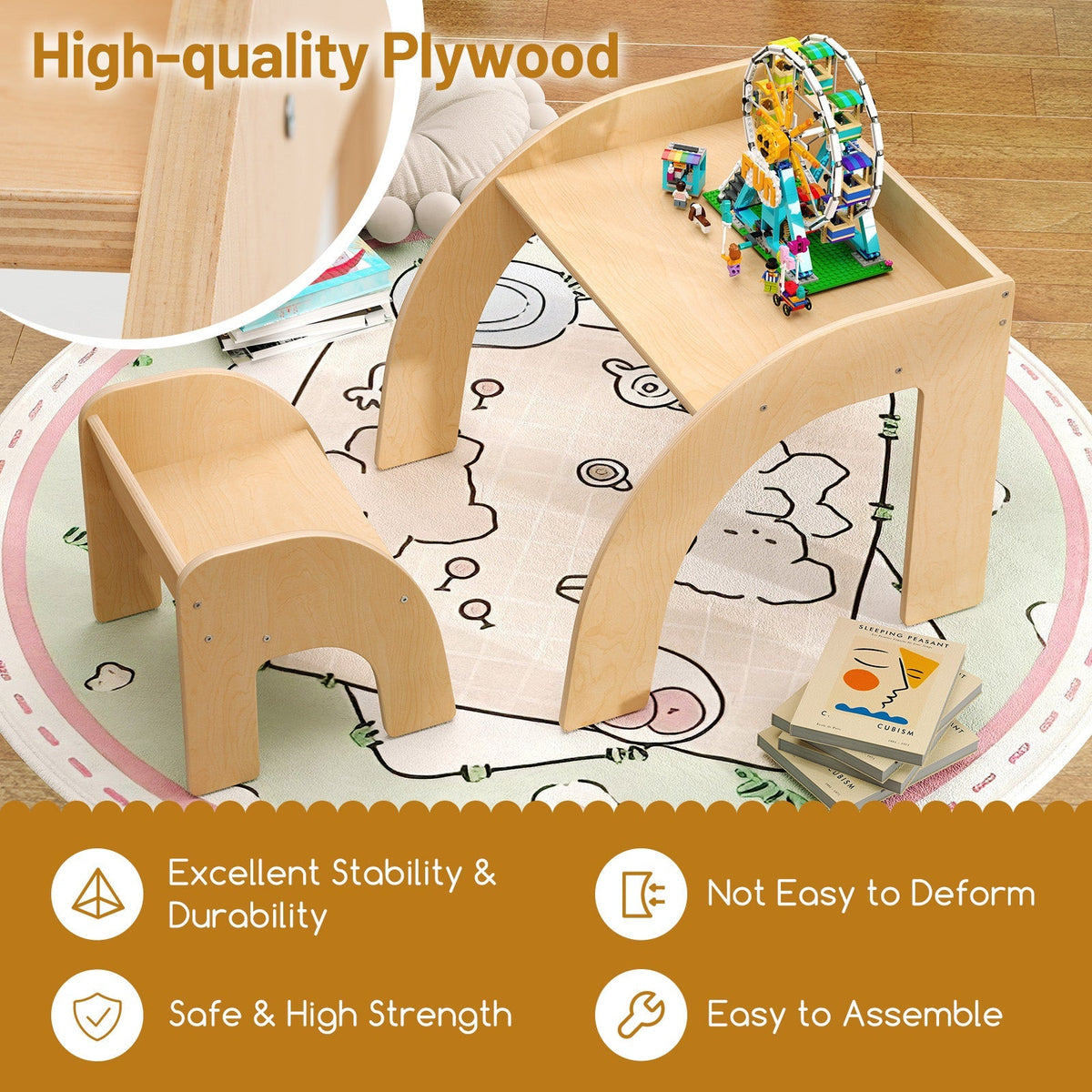 Juego de mesa y sillas para niños con tablero ancho y bordes curvados para la habitación infantil