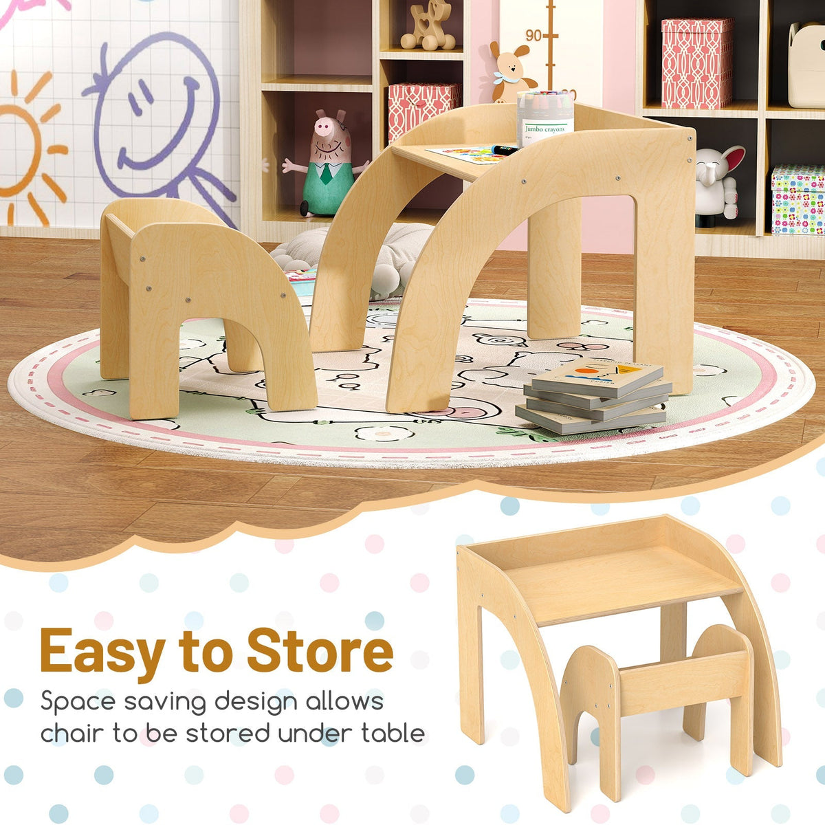 Juego de mesa y sillas para niños con tablero ancho y bordes curvados para la habitación infantil