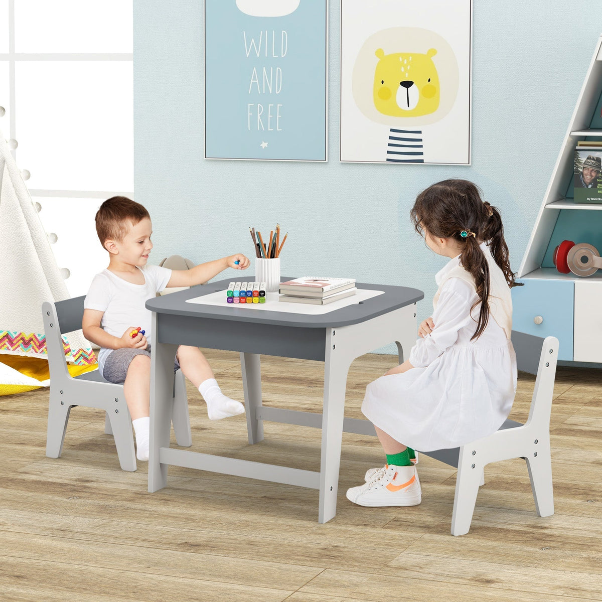 Juego de mesa y sillas para niños con tablero de doble tamaño - Gris