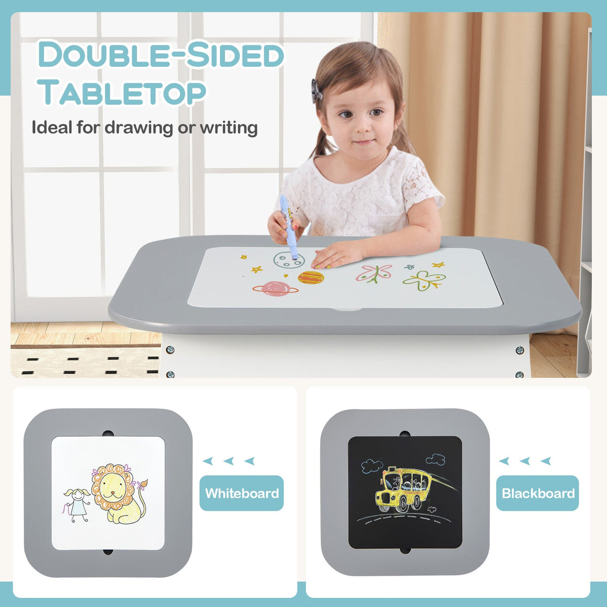 Juego de mesa y sillas para niños con tablero de doble tamaño - Gris