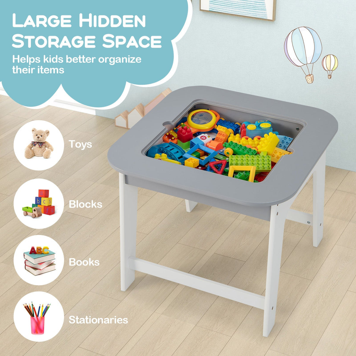 Juego de mesa y sillas para niños con tablero de doble tamaño - Gris
