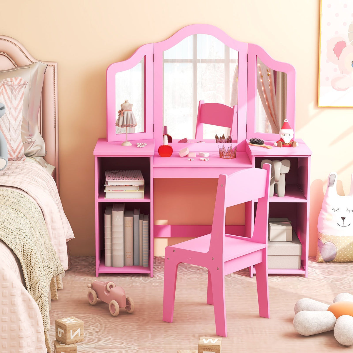 Kids Vanity Table and Chair Set with Removable Tri-Folding Mirror