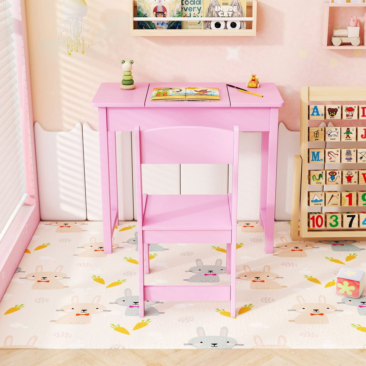 2-in-1 Kids Vanity Makeup Table and Chair Set with Flip Top Mirror