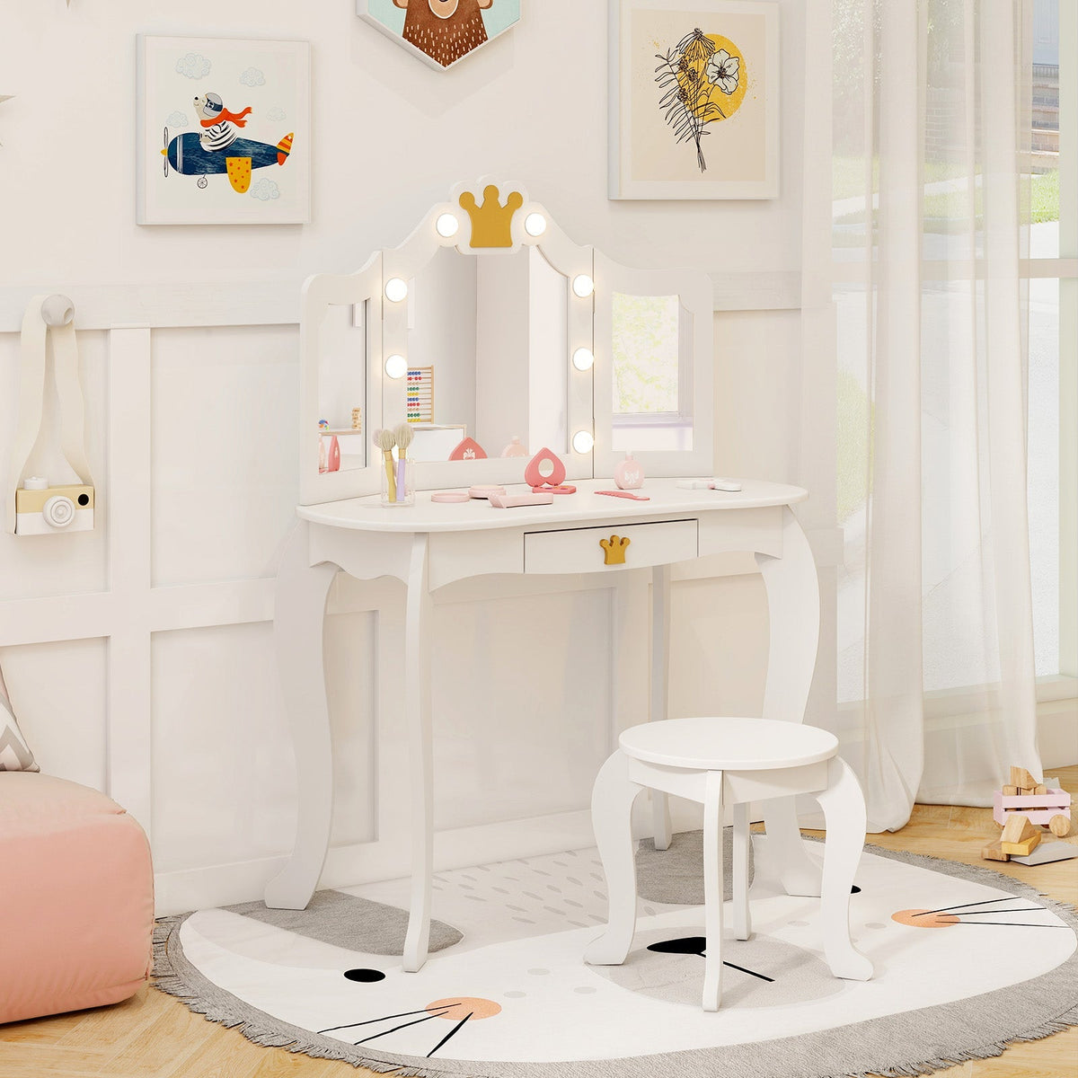 Tocador para niñas con espejo triple iluminado, parte superior desmontable y taburete