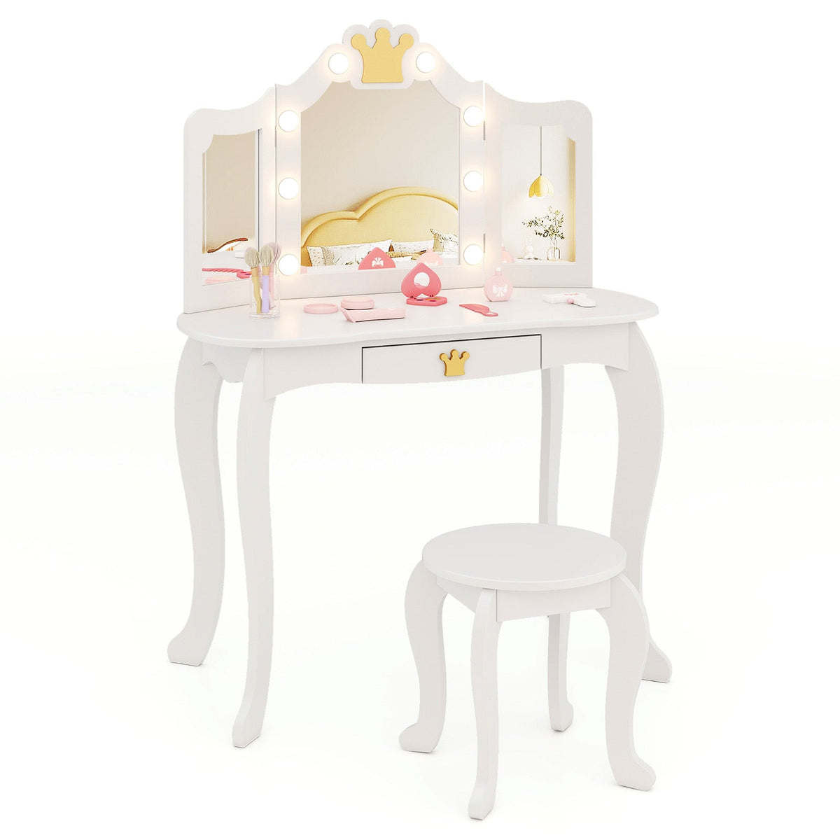Tocador para niñas con espejo triple iluminado, parte superior desmontable y taburete