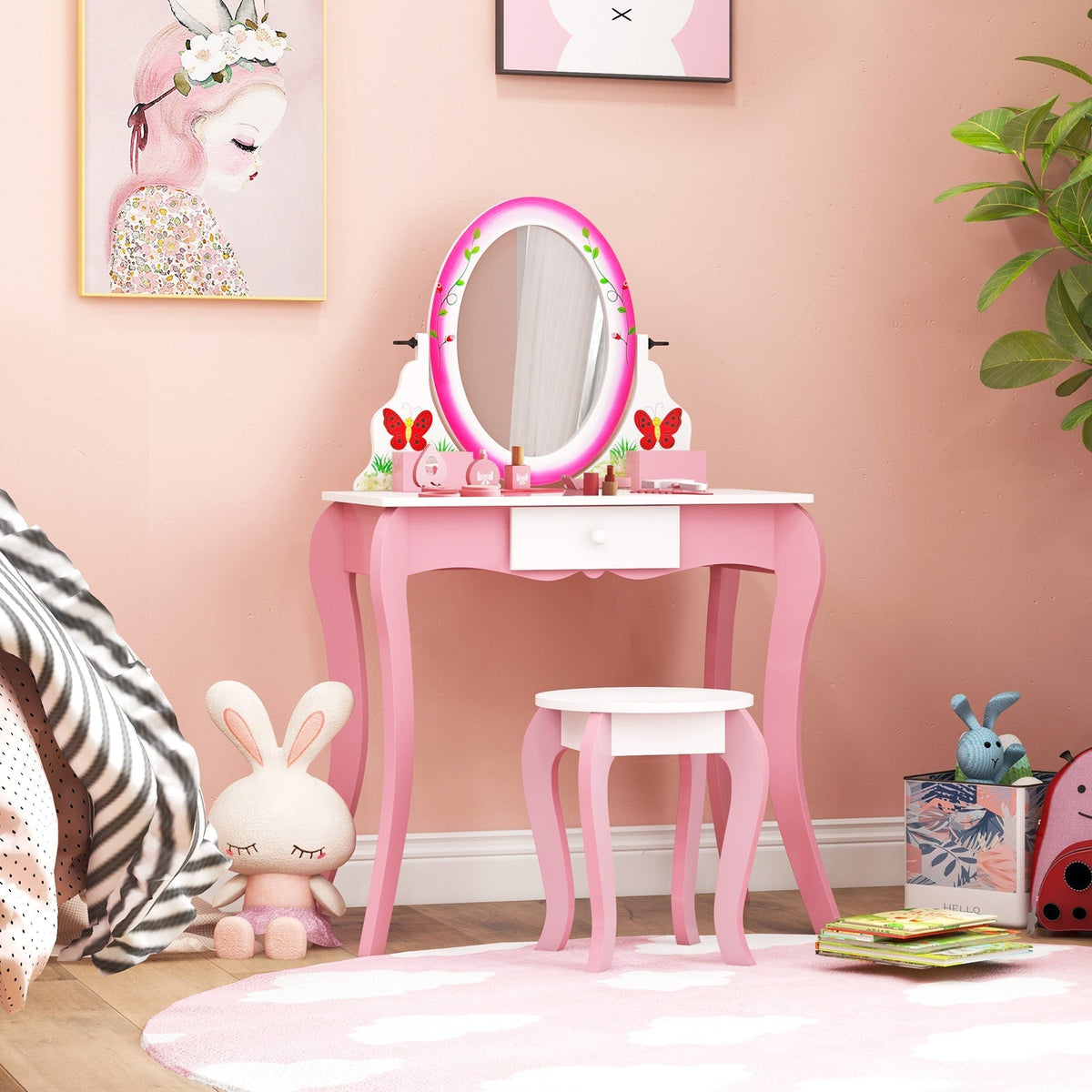 Tocador y taburete para niños con espejo giratorio 360° y pizarra-Rosa