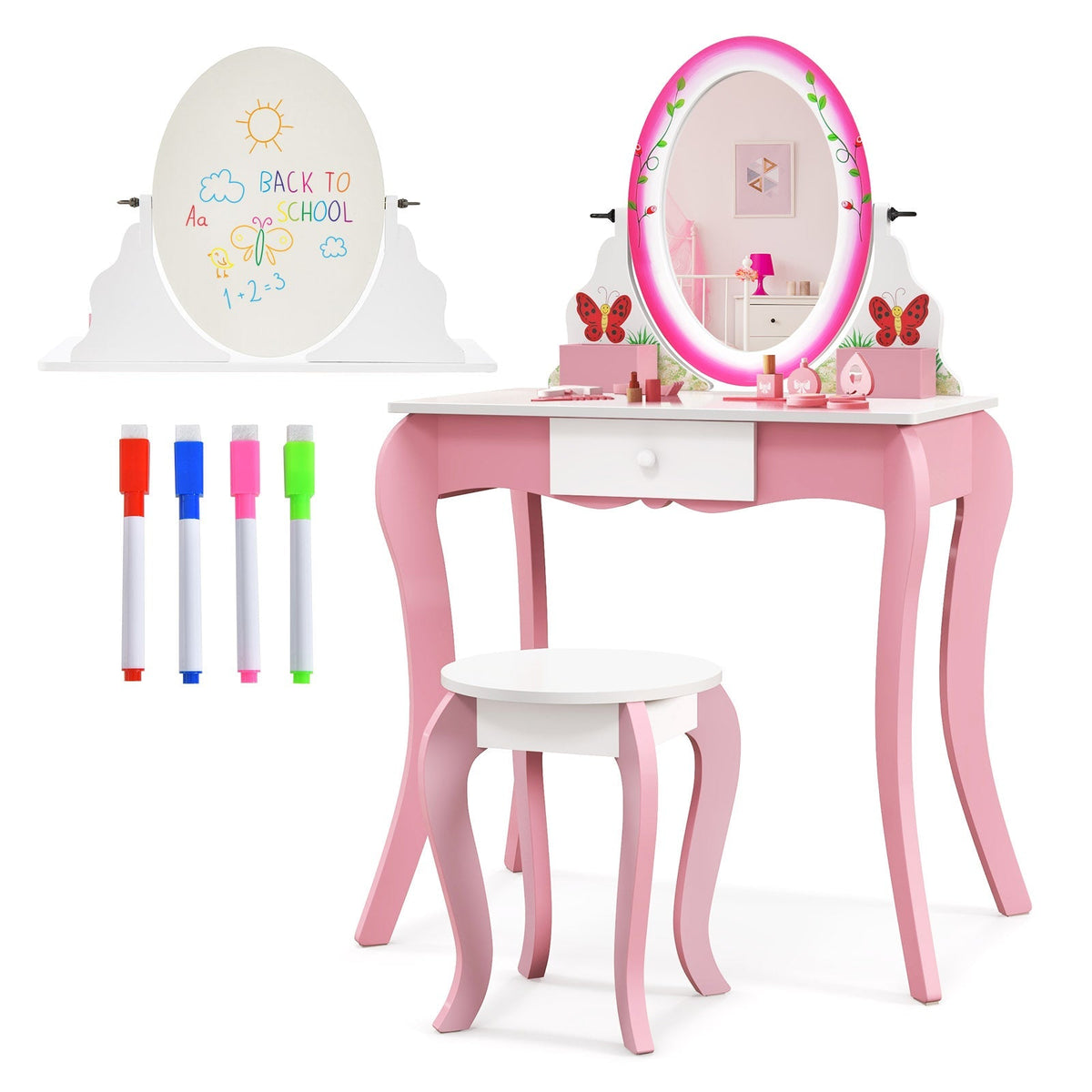 Tocador y taburete para niños con espejo giratorio 360° y pizarra-Rosa