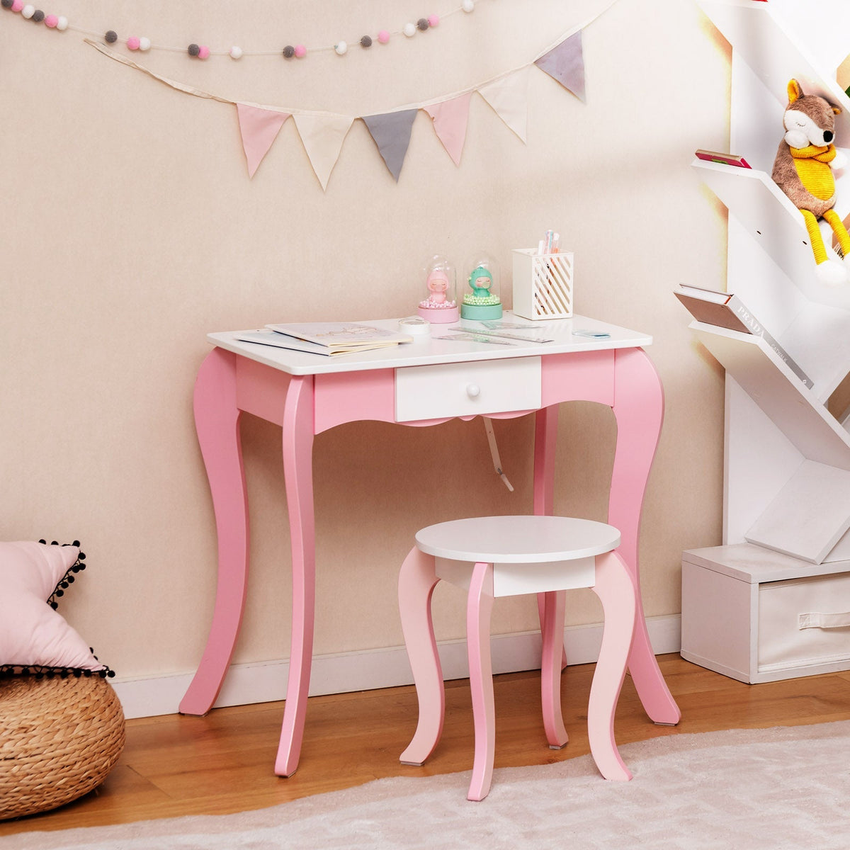 Tocador y taburete para niños con espejo giratorio 360° y pizarra-Rosa