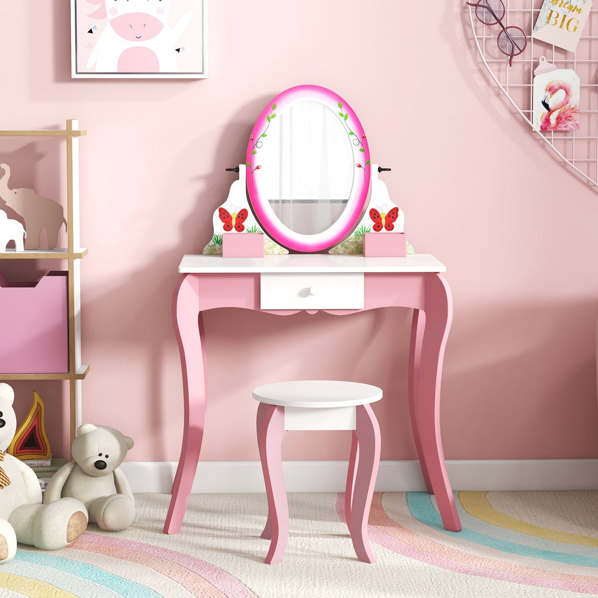 Tocador y taburete para niños con espejo giratorio 360° y pizarra-Rosa