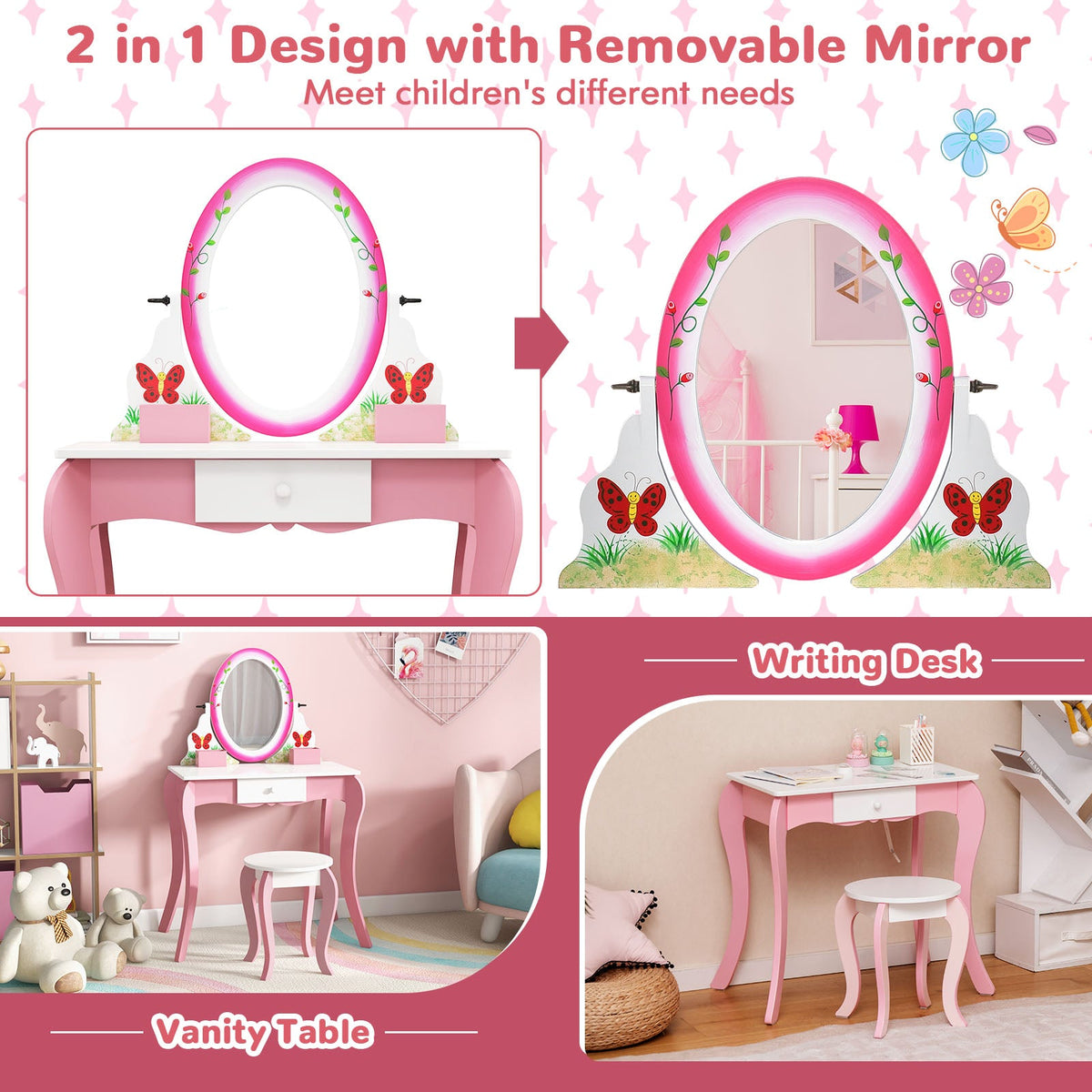 Tocador y taburete para niños con espejo giratorio 360° y pizarra-Rosa